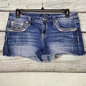 Vigoss Women’s Heritage Fit Jean Shorts Size 11/12 Blue Distressed Embellished